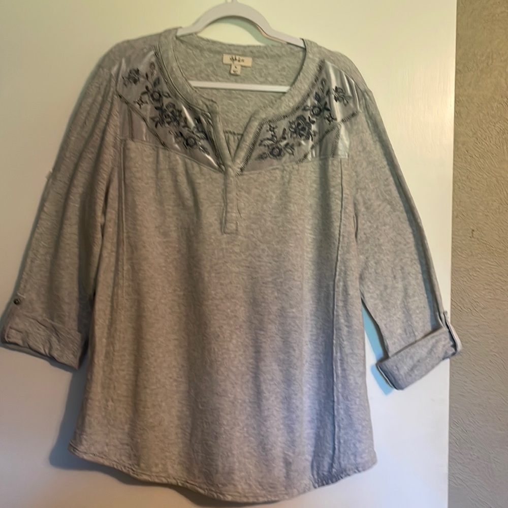 Style & Co long sleeve gray cotton knit top velvety embroidery detailed yoke